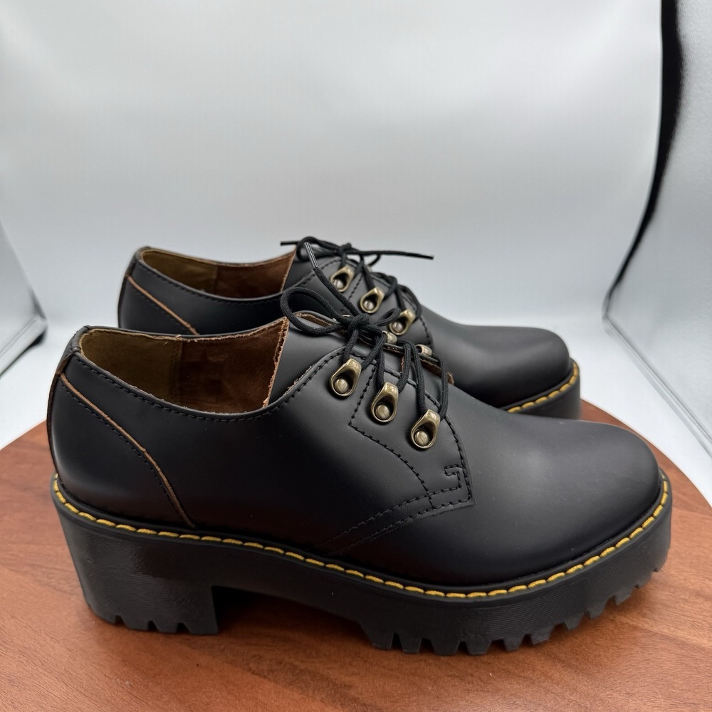 Dr. Martens LEONA LO Platform Shoes Black Leather Chunky Heel Women's Size 10